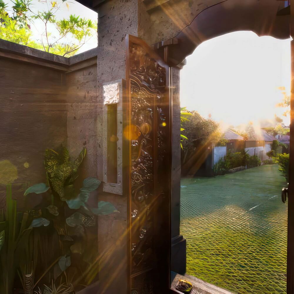 Sunlight falling through Villa Saffron’s carved Balinese entrance