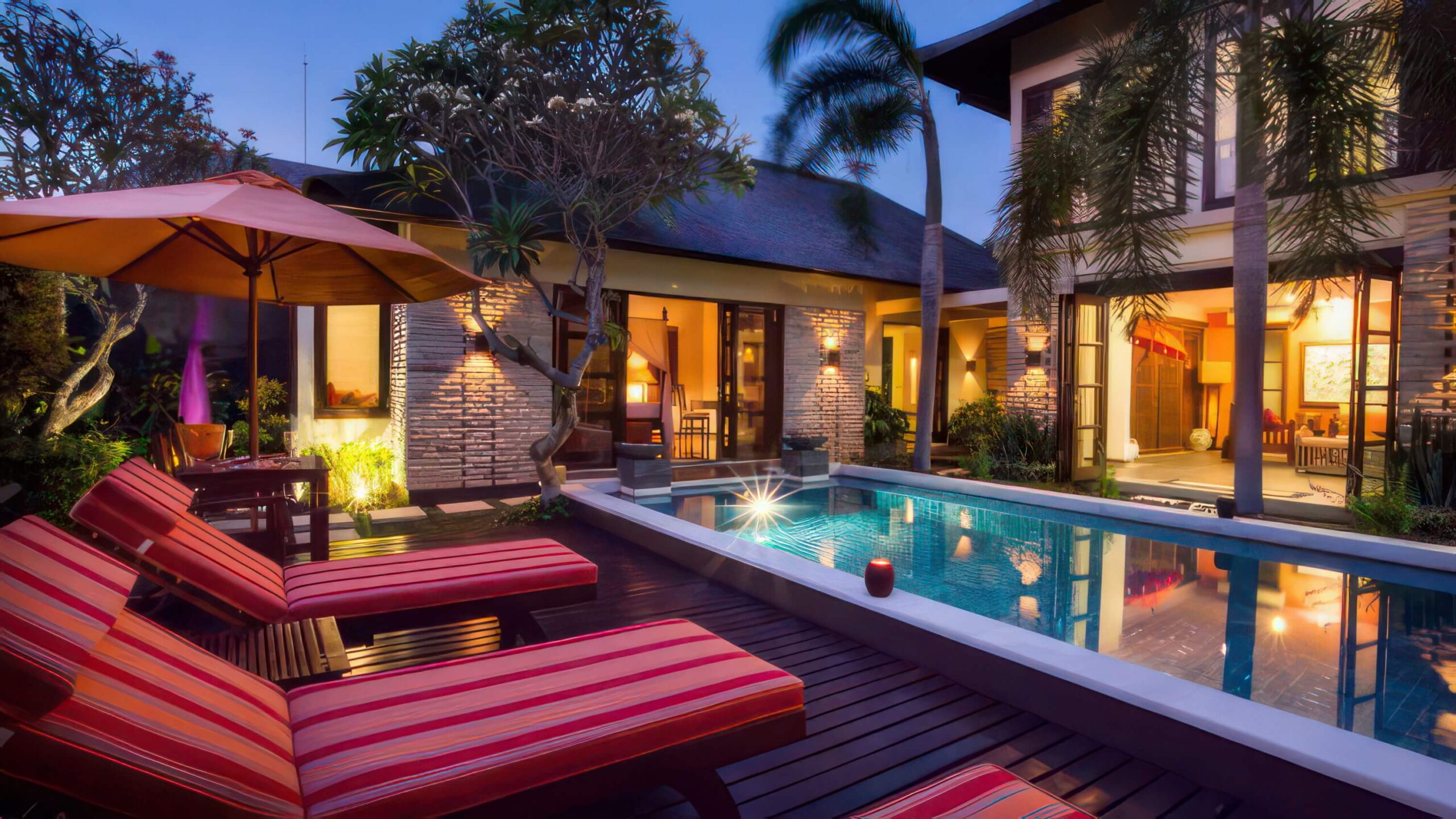 Villa Saffron’s private pool, palms and warmly lit Balinese villa
